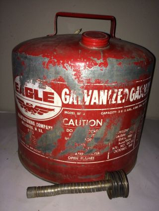 Vintage Eagle Galvanized Metal 5 Gallon Gas Can,  Inside,  Metal Spout