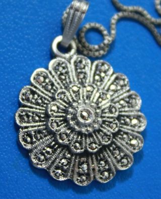 Vintage Sterling Silver 925 Marcasite Flower Pendant Box Chain Necklace 18 "