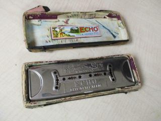 VINTAGE HOHNER HARMONICA,  THE ECHO HARP BELL METAL REEDS,  5 POINT STAR,  PRE WAR 3