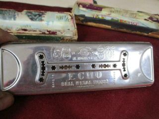 VINTAGE HOHNER HARMONICA,  THE ECHO HARP BELL METAL REEDS,  5 POINT STAR,  PRE WAR 6