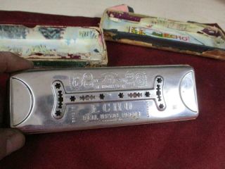 VINTAGE HOHNER HARMONICA,  THE ECHO HARP BELL METAL REEDS,  5 POINT STAR,  PRE WAR 7