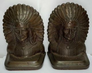 Vintage Solid Brass Native American Indian Chief Head Book Ends Or Door Stopper