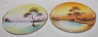 Vtg 2 Noritake Scenic Plates - Hand Painted W/ Handles - M Japan - 9 1/2 " - Euc