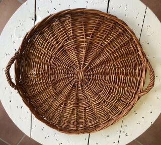 Vtg 14” Round Woven Rattan Wicker Serving Basket / Tray With Handles Farmhouse