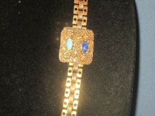 Vintage Signed PAULINE RADER Gold - Tone Metal Cabochon & Bead Pendant Necklace 2