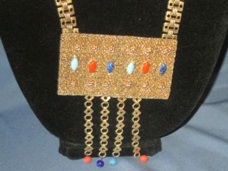 Vintage Signed PAULINE RADER Gold - Tone Metal Cabochon & Bead Pendant Necklace 3