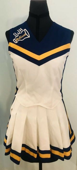 Authentic 1980s Vintage Blue Gold White Cheerleading Uniform Top And Skirt