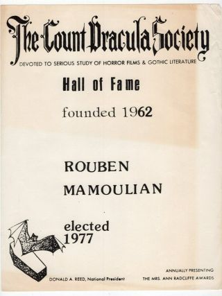 Vintage " The Count Dracula Society " Document: Hall Of Fame - Rouben Mamoulian