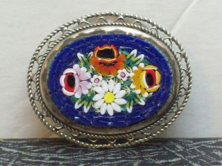 Vintage Micro Mosaic Rose Daisy Brooch Glass Flower Blue Background Filigree Pin