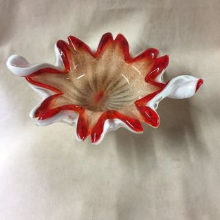 Vintage Murano Art Glass White/ Red/ Gold Fleck Dish/ Bowl 6