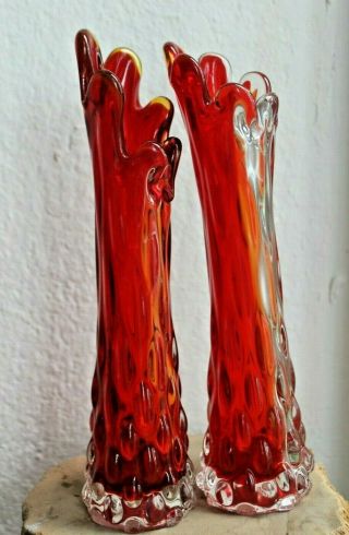 Vintage Murano Knobbly Finger Bud Vases.  Red & Clear Glass