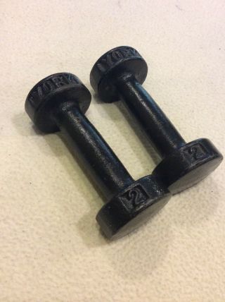 Vintage Pair York 2 Lb (each) Cast Iron Round Head Pancake Dumbbell Weights
