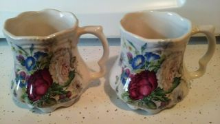2 Vntg Crownford Coffee Tea Cocoa Mugs Peonies Violets Morning Glories England