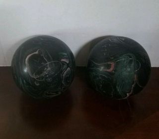 Vintage High Skore Black Swirl Duckpin Bowling Balls Set Pair 3.  5 Lbs.  Each