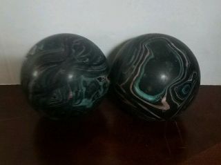 Vintage High Skore Black Swirl Duckpin Bowling Balls Set Pair 3.  5 lbs.  Each 4