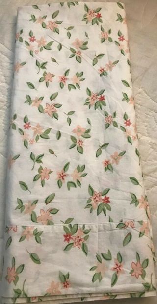Vintage Pottery Barn Kids Floral Queen Bed Flat Sheet White Peach Flowers Green