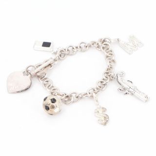 Vtg Sterling Silver Soccer Dollar Sign Heart Charm 7.  25 " Chain Bracelet - 55.  5g
