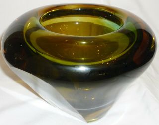 Stunning Vintage Art Deco Green Block Murano Glass Vase Candle Holder Heavy