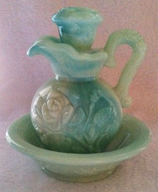 Vintage Avon Bath Oil Pitcher And Bowl Blue And Green Milk Glass (empty)