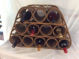 Vintage Handcrafted Rattan And Woven Wicker 12 Bottle 3 Tier Wine Rack