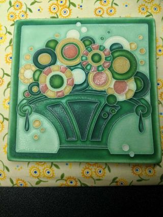 Vintage Motawi Tile " Button Basket " Arts Crafts 6 " X 6 " Tile Retired Green