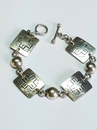 Vintage Taxco Mexico 925 Sterling Silver Etched Cross Panel Link 7 " Bracelet 26g