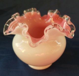 Fenton Glass Vase Pink Cased White Clear Ruffled Crimped Edge Vintage Rose