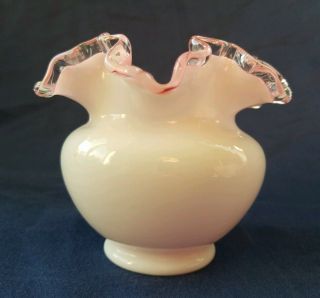Fenton Glass Vase Pink Cased White Clear Ruffled Crimped Edge Vintage Rose 3