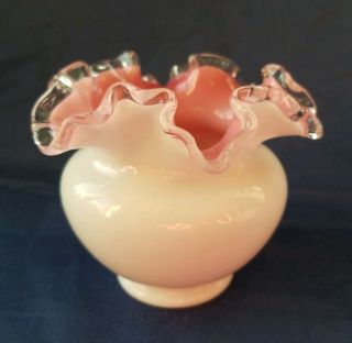 Fenton Glass Vase Pink Cased White Clear Ruffled Crimped Edge Vintage Rose 4