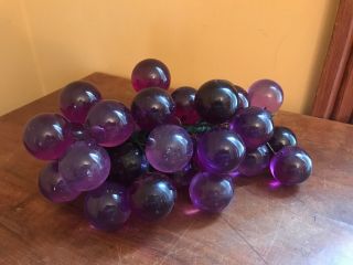 Vintage Purple Lucite Acrylic Glass Grapes With Wood Circa 1960s