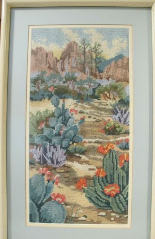 Vtg Framed Completed Handmade Needlepoint Desert Cactus In Bloom Scene 21.  5 X13 "