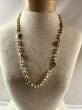 Vintage Miriam Haskell Gold Tone Faux Pearl Necklace Costume Jewelry Signed 22