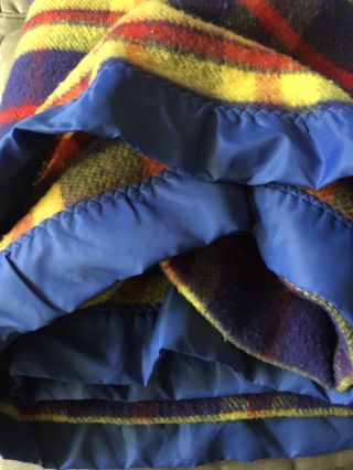 Vtg Retro 70 ' s Red Yellow Blue Plaid Thermal Woven Acrylic Blanket 69 