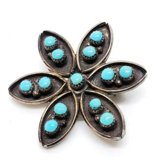 Vintage 925 Sterling Silver Turquoise Cabochon Native American Flower Brooch