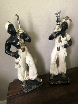 Vintage Chalkware Blackamoor Style Nubian Genie Man Woman Lamp Pair Set