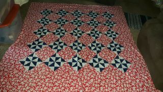 Vintage Fabric Unfinished American Quilt Top 72 " X 76 " Red White Blue