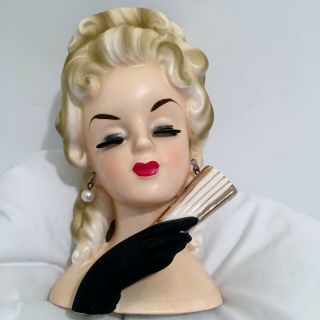 Vintage 1964 Lady Head Vase Inarco E1612 Headvase Blonde Curls Black Glove W Fan