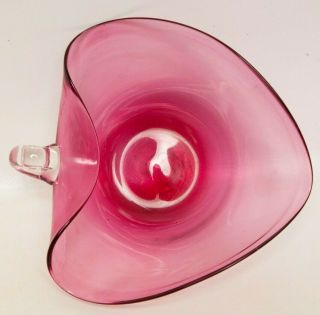 Vintage Cranberry Glass Bowl Pink Heart Nappy Applied Crystal Handle Authentic