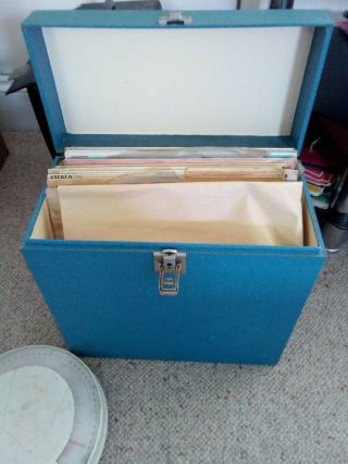 Vintage Blue Wooden Record LP Storage Carry Case Box Vinyl Album 12 