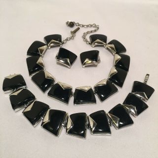 Vintage Charel Black Lucite/thermoset Necklace,  Bracelet & Clip Earrings Set