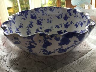 Vintage Large Bybee Stoneware Blue Sponge Ware Scalloped 10 - 1/2” Serving Bowl