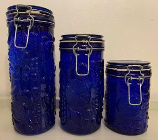 Set Of 3 Vintage Cobalt Blue Glass Canisters With Fruit Embossed