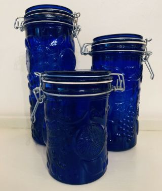 Set of 3 Vintage Cobalt Blue Glass Canisters with Fruit Embossed 2