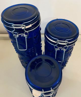 Set of 3 Vintage Cobalt Blue Glass Canisters with Fruit Embossed 3