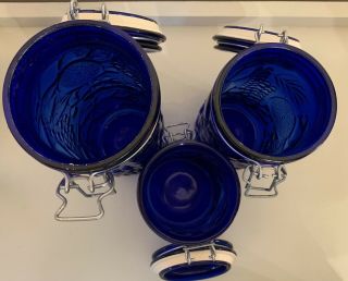 Set of 3 Vintage Cobalt Blue Glass Canisters with Fruit Embossed 6