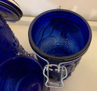 Set of 3 Vintage Cobalt Blue Glass Canisters with Fruit Embossed 7