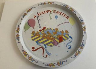 Vintage Happy Easter Tray Round Metal Serving & Decorative Ducks Retro