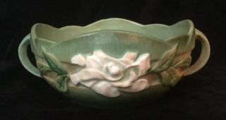 Vintage Roseville Art Pottery Green Bowl With White Gardenia Decoration