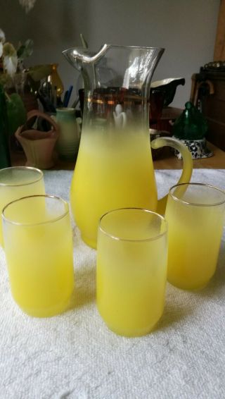 Vtg Lemon Color Blendo Frosted Glassware Beverage Set Pitcher W 4 Small Glasses