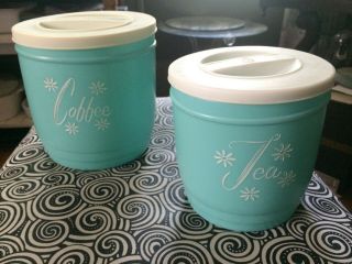 Vintage Mcm Turquoise/aqua Canister Set Of 2 Plastic Canisters White Lids